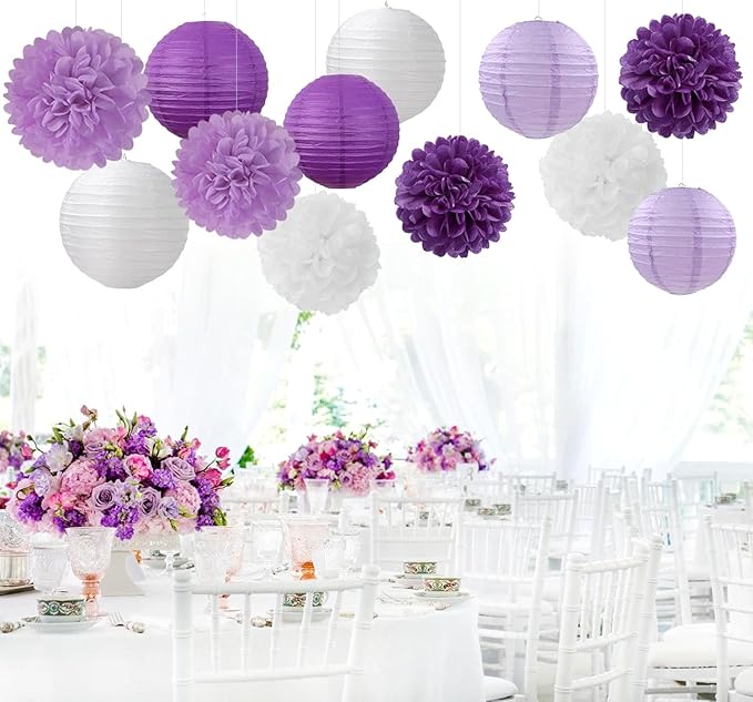 Purple-White Lavender Party Decorations Paper Flowers Lanterns - 15PCS Birthday Graduation Tissue Pom Poms Streamers, Baby Bridal Shower Wedding Retirement Bachelorette Hanging Supplies Decor Hugfond