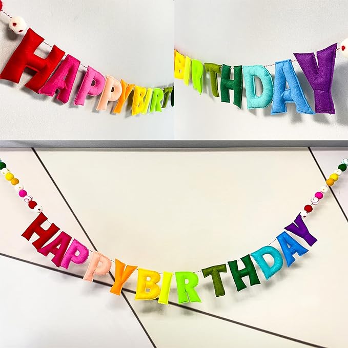 Pre-Strung Happy Birthday Banner - Felt Ball Garland - Reusable HAPPY BIRTHDAY Garland, Rainbow Party Decorations, Personalized Holiday Sign for Party Decor, Kids Room Decor, Photo Prop (Rainbow)