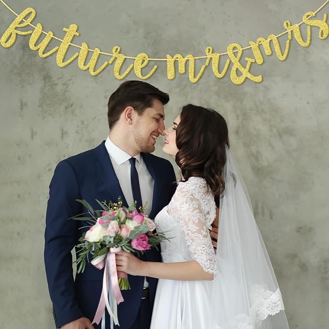 Future Mr & Mrs Banner for Engagement Bridal Shower Bride and Groom Party Decorations Pre-Strung Sign (Gold Glitter)