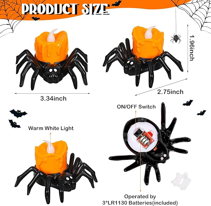 6 PCS Halloween Tea Lights Candles, Battery Operated Halloween's Flameless LED Candles, Spider Tealights Spooky Electric Flickering Fake Candle for Halloween Party Decorations