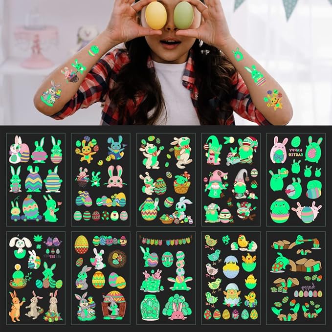 80Pcs Easter luminous temporary tattoos for kids,Glow in The Dark Easter Basket party Tattoos stickers, dwarf colored egg carrot rabbit egg facial makeup Tattoos, holiday party Supplies Favors Gifts