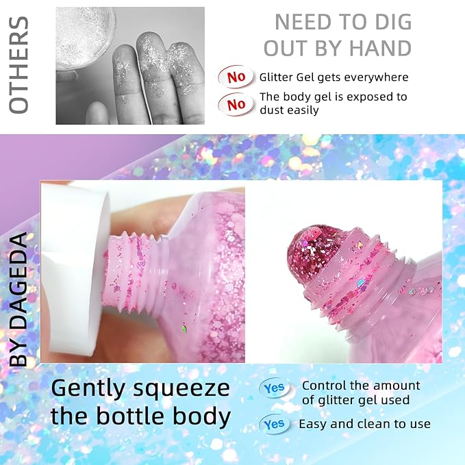 DAGEDA Body Glitter Gel, Face Glitters Body Gel Sequins Shimmer Liquid Eyeshadow, Chunky Glitter for Face Hair Nails, Holographic Cosmetic Laser Powder Festival Makeup 50ml(Pink)