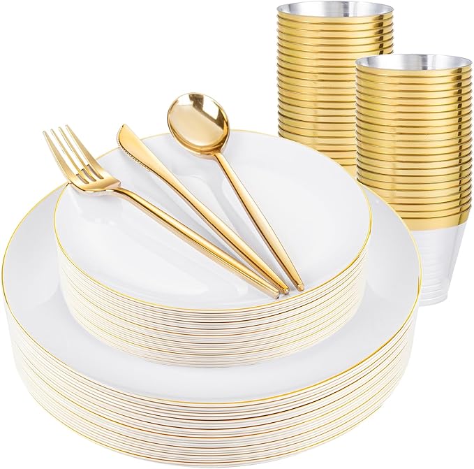 bUCLA 150PCS White and Gold Plastic Plates Disposable - 25 Guests Gold Dinnerware Set - Include 25 Each (Dinner & Dessert) Plates, 25 Knives, 25 Forks, 25 Spoons & 25 Cups for Party