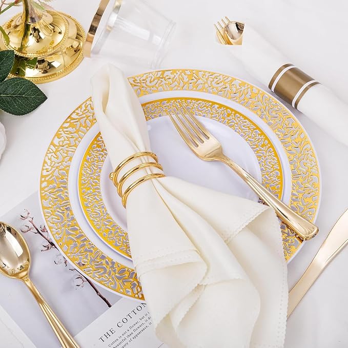 WELLIFE 175Pcs Gold Dinnerware Sets, Include:25 Dinner Plates, 25 Dessert Plates, 25 Paper Napkins, 25 Cups, 25 Plastic Cutlery Set