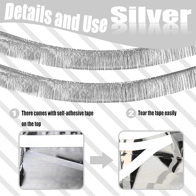 6 Pack 10 Feet Silver Foil Fringe Garland Metallic Tinsel Streamers Banner Wall Hanging Curtain Backdrop Banner for Parade Floats, Thanksgiving, Christmas, Birthday, Halloween Party Decorations