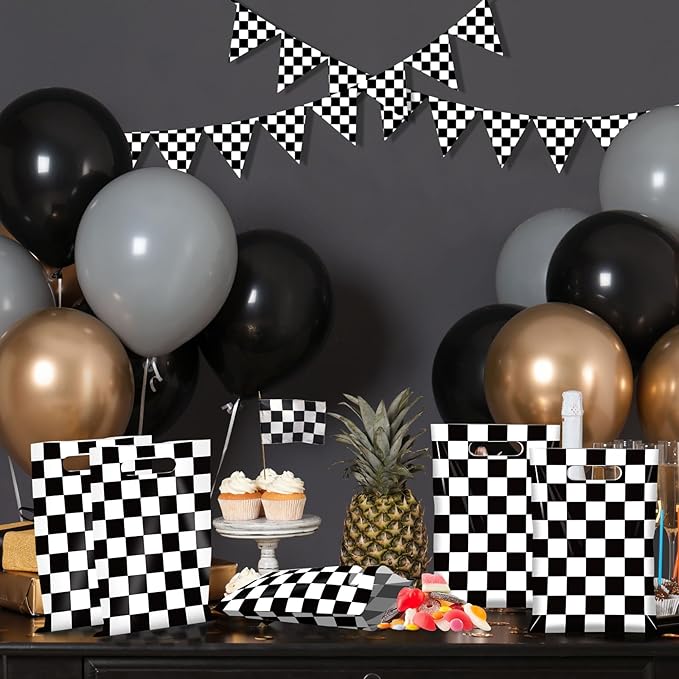50 Pcs Black and White Checkered Race Car Party Favor Bags, Plastic Black and White Car Goodie Treat Bags, Racecar Buffalo Plaid Candy Gift Bags for Kids Fast Race Car Birthday Party Decorations