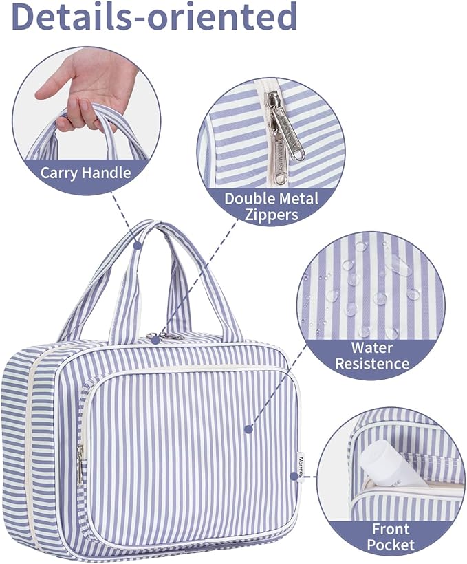 Narwey Striped Travel Toiletry Bag for Women Large Hanging Makeup Bag Organizer Toiletries Bag for Full Size Essentials Accessories Cosmetics (Greyish Blue Stripe (Large))