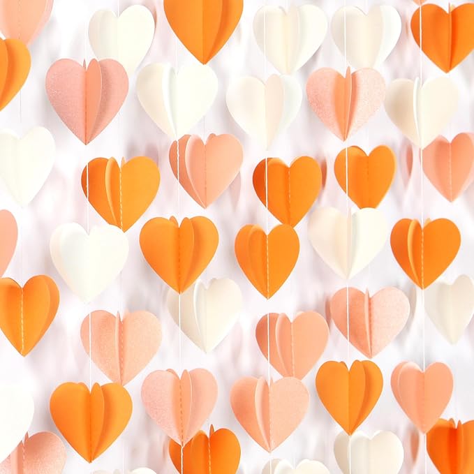 Beige-Orange Peach Fall Party-Decorations Heart-Garland - 39Ft Autumn Thanksgiving Birthday Boho Hanging Paper Streamers Banner,Birthday Bachelorette Baby Bridal Shower Engagement Decor Ouruola