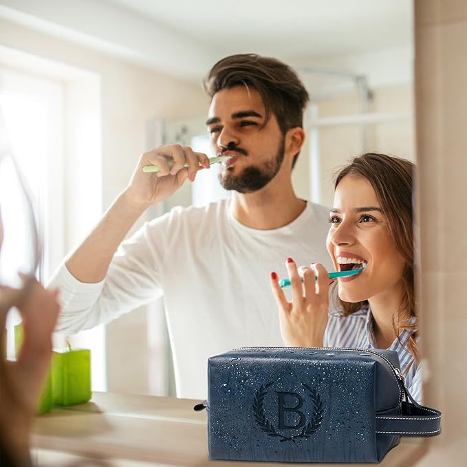 Personalized Gifts Travel Toiletry Bag for Men Engraved Initial PU Leather Waterproof Shaving Bag for Toiletries Accessories Fathers Day Birthday Gift for Men Dad Husband Son, Dark Blue B