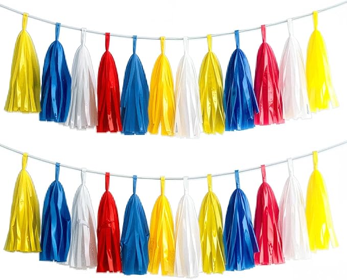 Tissue Paper Tassel Garland Banner, 20 Pack, Red Blue Yellow White, Party Decorations for Birthday, Baby Shower