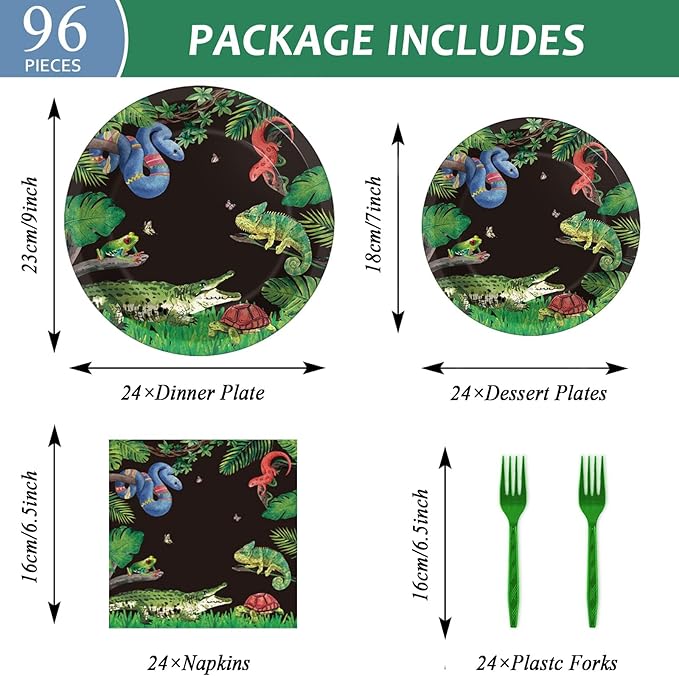 96 Pcs Reptile Snake Party Plates Napkins Tableware Set Lizard Birthday Party Supplies Disposable Paper Dinnerware Jungle Alligator Wildlife Theme Table Decoration Favors for Kids Birthday, 24 Guests