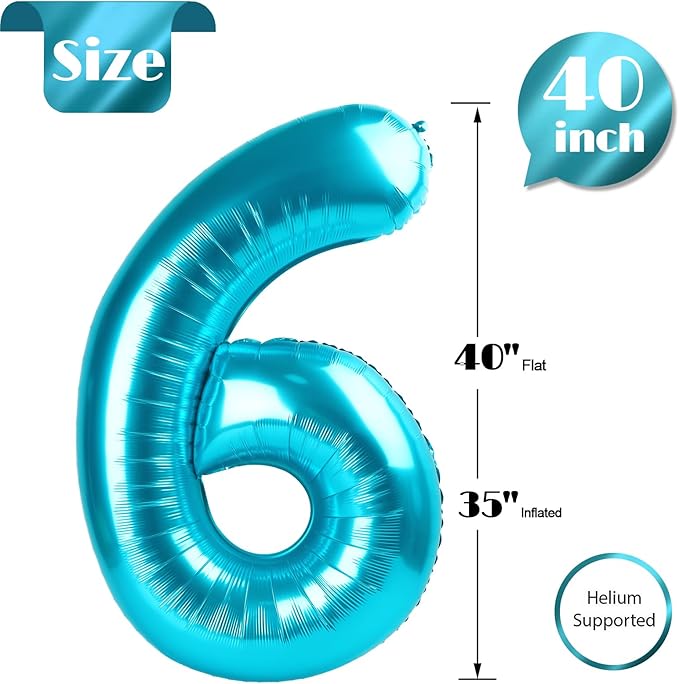 Light Blue Number 6 Balloon 40 Inch, 6 Balloon Number, 6th Birthday Decorations, Light Blue Party Supplies for Boys Girls
