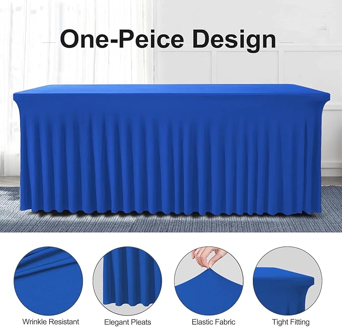 Table Skirts for Rectangle Tables 6ft - 2 Pack One-Piece Royal Blue Tablecloths and Skirt, Wrinkle Resistant Ruffles Elastic Cover for Banquets, Weddings, Events, Parties