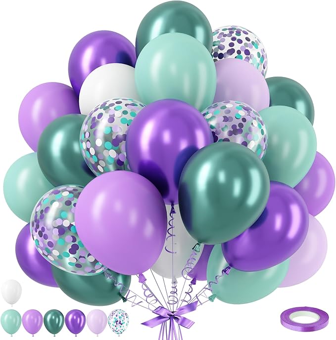 Mermaid Balloon, 12 Inch Mermaid Theme Balloon, Metallic Purple Green Party Balloons, Teal Green Purple and White Balloons with Confetti for Mermaid Party Girls Birthday baby shower Decoration