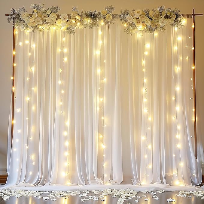 White Backdrop Curtain with Lights String for Birthday Decorations 10×10FT Tulle Backdrop Curtain for Parites Wedding Bridal Shower Baby Shower Bridal Shower (2 Panels 5×10ft)