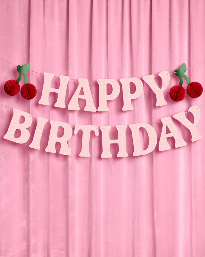 xo, Fetti Happy Birthday Cherry Banner - Pink Glitter, 6.5 Ft. | 3D Cherry Garland, Bday Decoration, Accordion Party Sign, Pop Up Photoshoot Backdrop