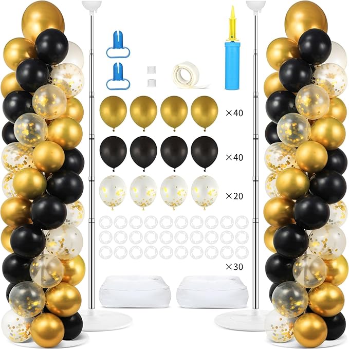 2 Sets Balloon Column Stand Kit with 100 Balloons Summer Adjustable Balloon Tower Stand with Bases for Floor Black Gold Balloon Arch Column for 50th Birthday Wedding Engaged Back to School Party Decor