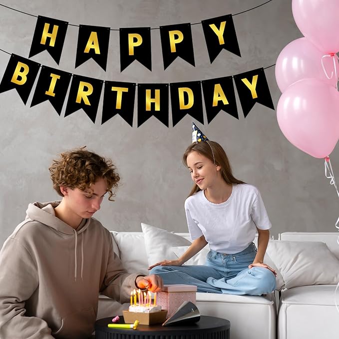Hooqict Happy Birthday Banner Black and Gold Birthday Decorations for Kids Men Women Black Party Banner Decorations Supplies Wall Door Garland Sign Bunting Flag