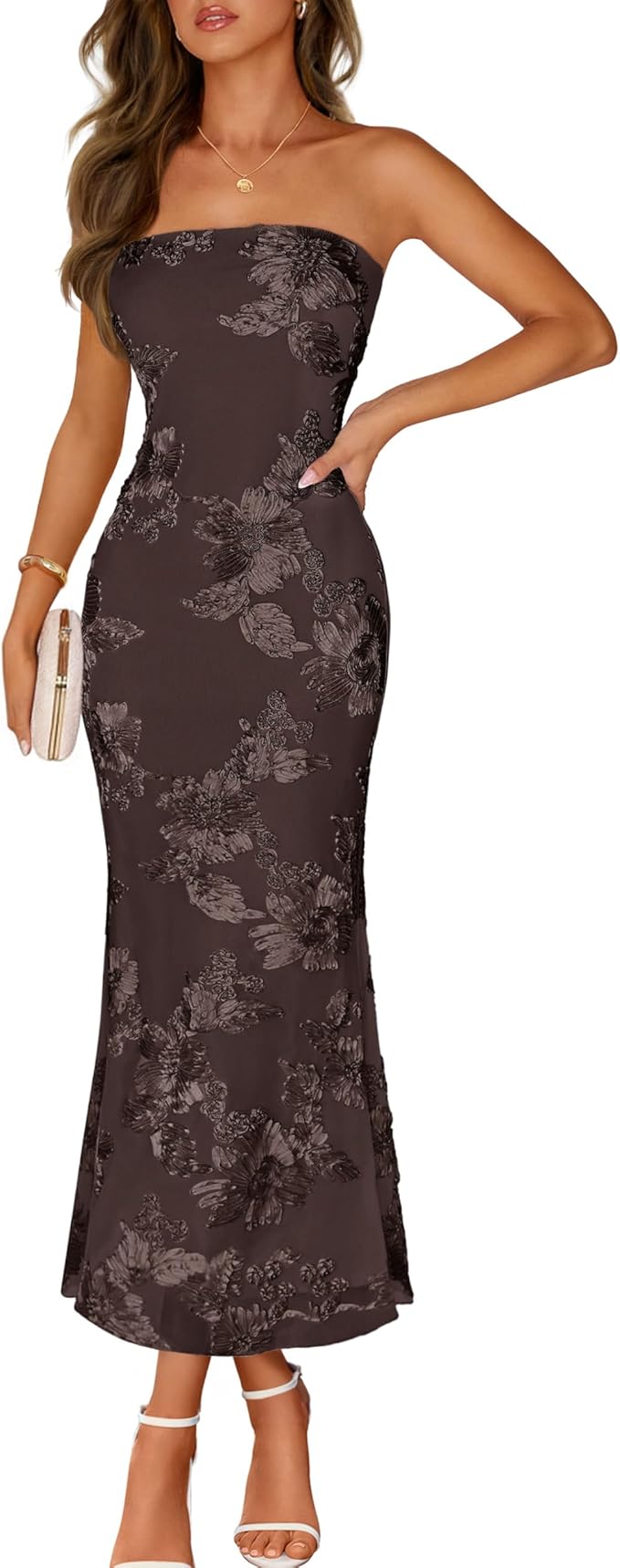 MEROKEETY Women's Floral Strapless Maxi Dress 2026 Summer Mesh Tube Bodycon Formal Wedding Guest Cocktail Party Long Dresses