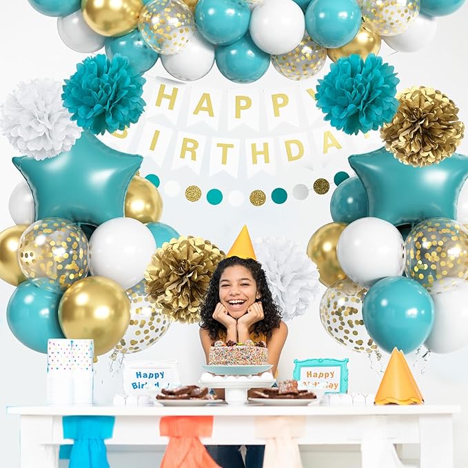 Teal & Gold Birthday Decorations - Turquoise Blue White Gold Balloons, Happy Birthday Banner, Foil Balloons, Aqua Pom Poms for Women & Girls Parties