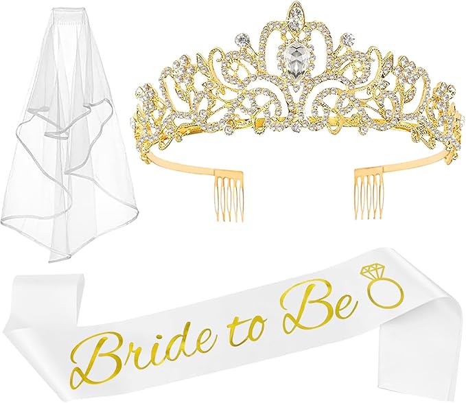 JETKONG 3 Pcs Bachelorette Party Decorations Bridal Shower Crown, Bride to Be Sash&Veil for Women Bachelorette Party Gifts, Bachelorette Party Supplies, Gifts, Favors (Gold)