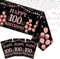 3 PCS Happy 100th Birthday Tablecloth for Women Black and Rose Gold Theme Decorations Plastic Disposable Table Decorations for Women Anniversary Celebration Party Supplies
