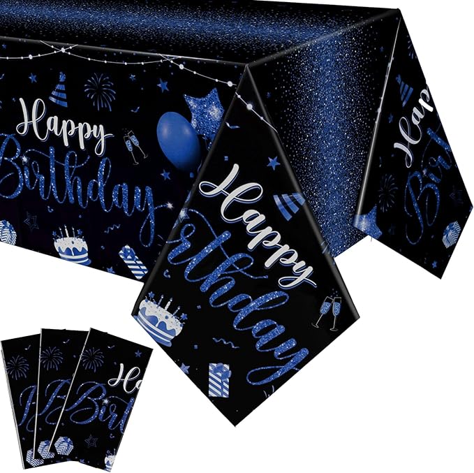 Tudomro 3 Pcs Happy Birthday Tablecloths Happy Birthday Party Decorations Plastic Table Cover Rectangular Cloths for Women Men Baby Shower Party Supplies, 108 x 54 Inch (Black Blue)