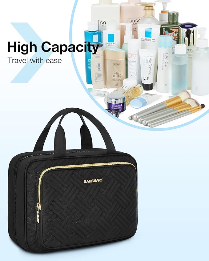 BAGSMART Hanging Travel Toiletry Organizer - Cosmetic Bag for Full Sized Toiletries, Basic-Black