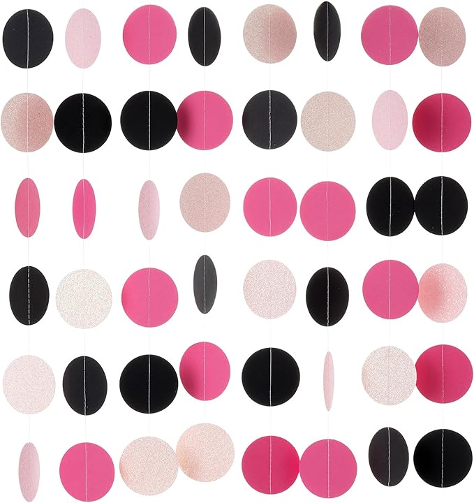 WEVEN Hot Pink Black Iridescent Glitter Paper Garland Circle Dot Streamers Party Banner for Birthday Decorations Supplies, 2.5" in Diameter, 20 Feet in Total