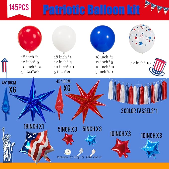 Patriotic balloons Red White and Blue balloon garland arch kit with star print and flag star mylar balloon Tissue Paper Tassels Banner for 4th of july independent day Veteran Day party decorations