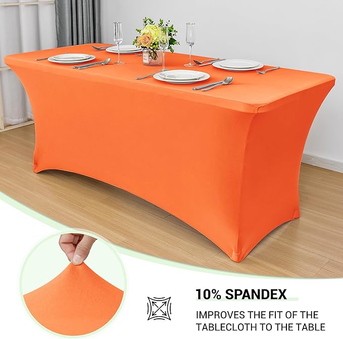 Obstal 6ft Stretch Spandex Table Cover for Standard Folding Tables - Universal Rectangular Fitted Tablecloth Protector for Wedding, Banquet and Party, 72L x 30W x 30H Inches, Orange, 2pc