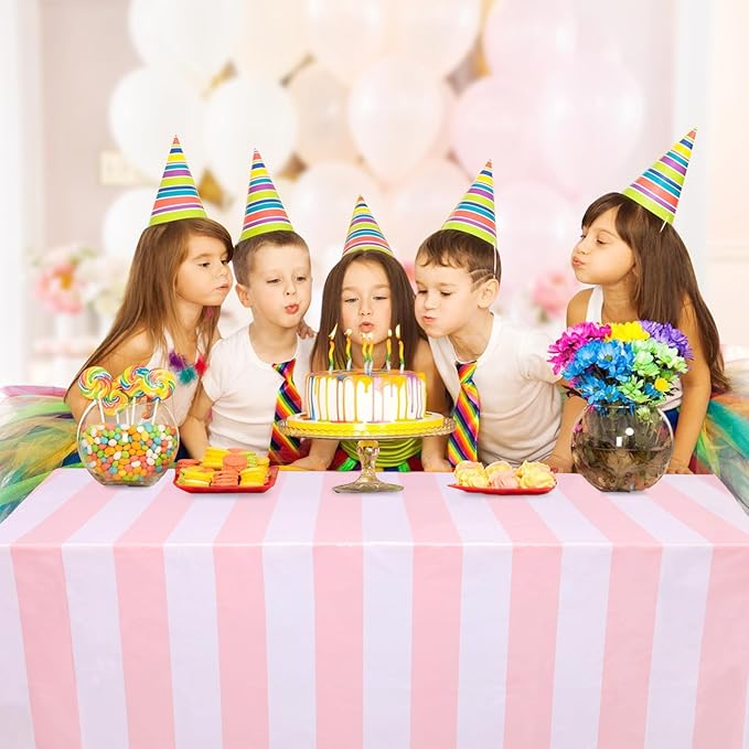 Kesfey 5 Packs Pink and White Horizontal Striped Table Cloth 54 x 108 Inches Pink Stripe Tablecloths Disposable Plastic Stripe Table Covers Waterproof Rectangle Picnic Tablecover for Birthday Party