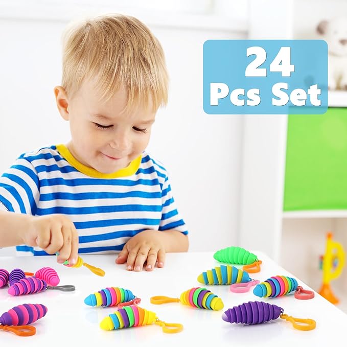 bairimeng 24 PCS Sensory Slug Toys, Articulated Stretch caterpillar toy, Anxiety Relief fidget Slug toy, Novelty Party Favors for Kids.