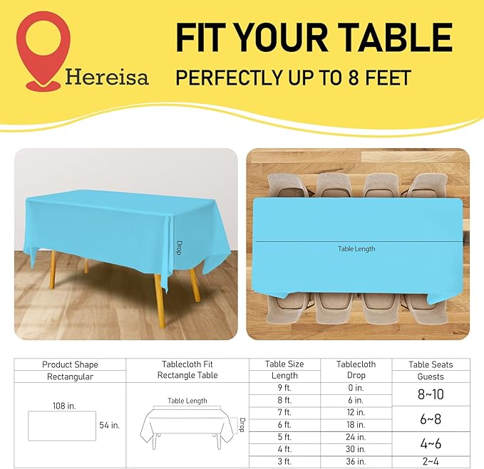 Premium Disposable Table Cloth - 12 Pack, 54 x 108 Inch Table Cloths for Parties, Decorative Tablecloths for Rectangle Tables, Red Plastic Table Cover, Leakproof & Sturdy, Sky Blue