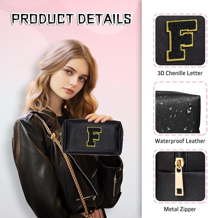 TOPEAST Travel Makeup Bag, Personalized Initial Toiletry Bag w Zipper, Cute Makeup Pouch, PU Leather Waterproof Cosmetic Bag, Birthday Gift for Daughter, Preppy Things for Girls (Black G)