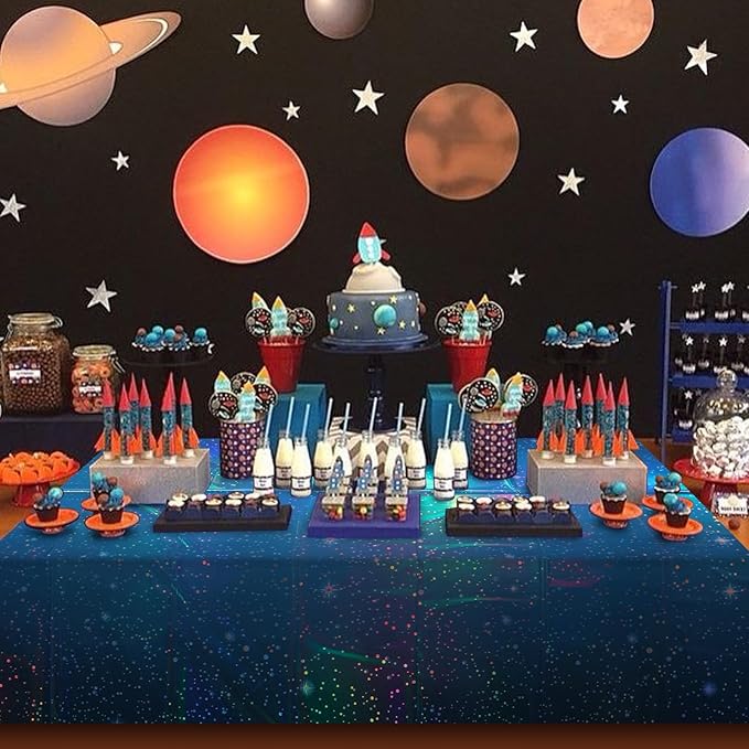 12Pcs Iridescent Space Tablecloths, Disposable Plastic Blue Galaxy Table Cloth Rectangle Table Covers for Space Starry Night Star Theme Party Birthday Party Decorations, 54x108 Inch