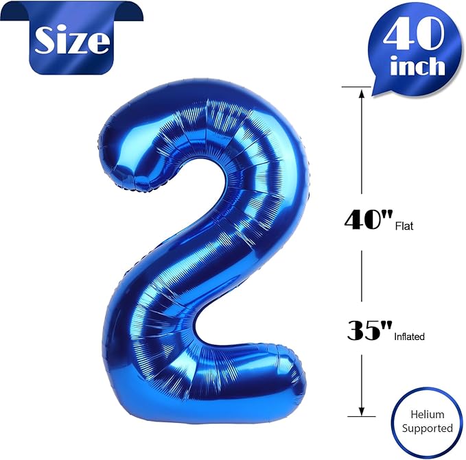 Metallic Blue Number 2 Balloon 40 Inch, 2 Balloon Number, 2nd Birthday Decorations for Baby Girls Boys Toddlers