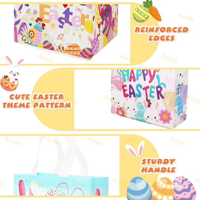 Aviski 6PCS Happy Easter Egg Hunt Bags, Assorted Sizes, Easter Bunny Carrot Chick Egg Treat Bag with Handles, Non-Woven Gifts Wrapping, Egg Hunt, Spring Party Supplies