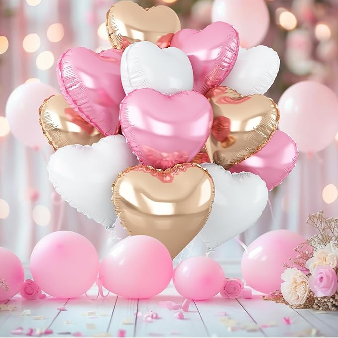Pink White Heart Balloons,12Pcs Rose Gold Heart Shaped Foil Balloons,18Inch White Rose Gold Helium Polyester Film Balloon for Valentine's Day Birthday Engagement Wedding Party Decorations