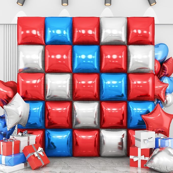 Red Blue Silver Square Foil Balloon Wall,25Pcs Double Sided Balloons Backdrop Helium Balloon Tunnel Arch Garland Kit for 4th of July Independence Patriotic Birthday Anniversary Usa Party Decorations