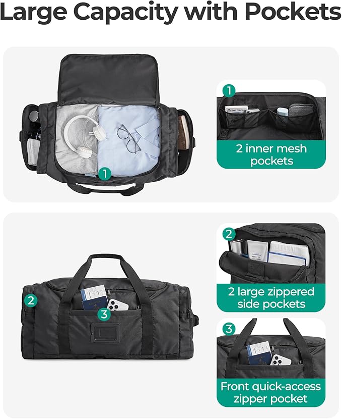 BAGSAMRT 60L Foldable Duffle Bag for Travel, Large Travel Duffel Bag for Men, 4 in 1 Travel Backpack, Carry on Weekender Bag, Gray