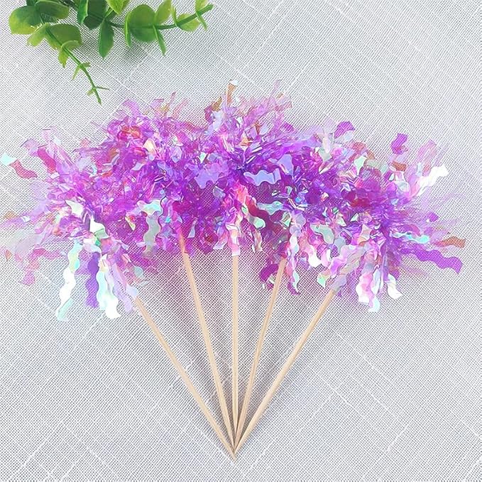 Gyufise 30Pcs Foil Firework Cupcake Toppers Happy Birthday Cake Toppers Tinsel Flower Drink Stirrers Cocktail Food Fruit Toothpicks for Valentine's Day Party Birthday Wedding Supplies Purple