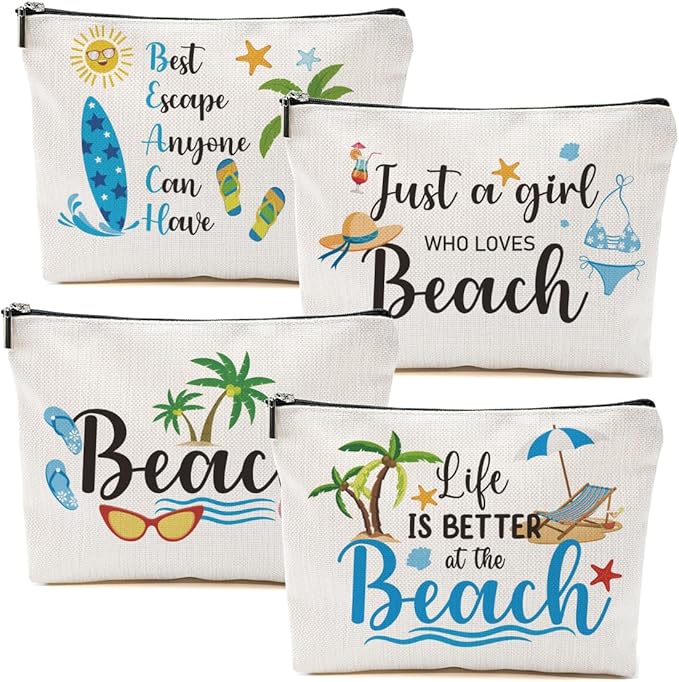 4PCs Beach Gifts for Women Makeup Bag, Beach Stuff Cosmetic Bag, Beachs Bags for Women, Beachs Vacation Survival Kit Essentials Sunscreen Bag, Gifts for Lovers Girls Friends Sister Bestie