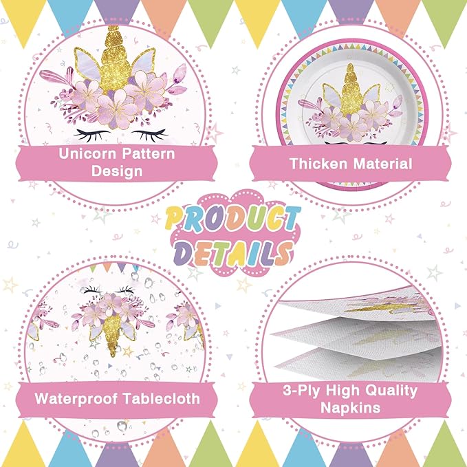 Unicorn Birthday Decorations for Girls, 170 Pcs Unicorn Party Decorations Including Banner, Plates, Cups, Napkins, Cutlery and Tablecloths, Serves 24