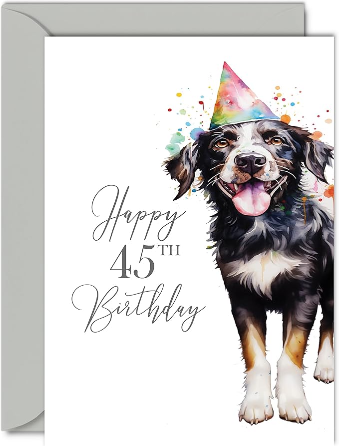 45th Birthday Cards for Women Men - Party Dog - Happy Birthday Card for 45 Year Old Woman Man Sister Brother Mum Dad Auntie Uncle Cousin, 5x7 Inch Bday Greeting Cards