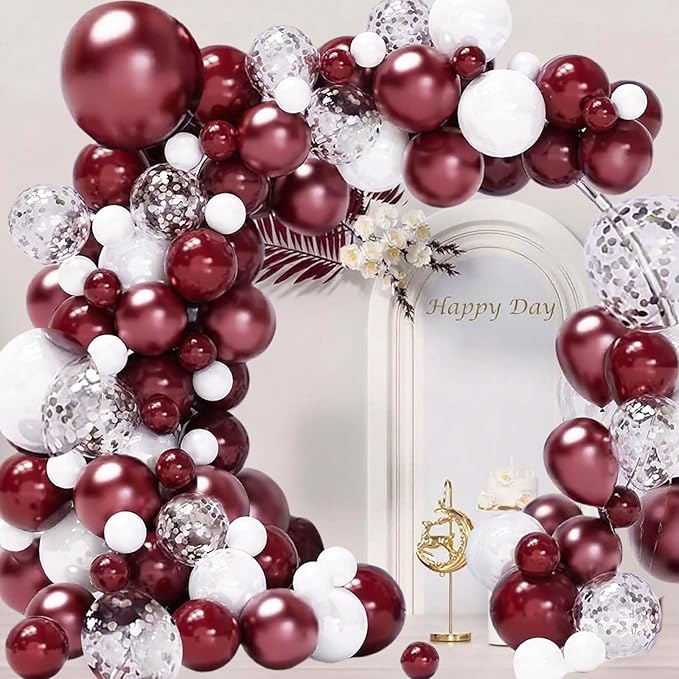Maroon Graduation Party Decorations/Graduation Decorations Maroon White 2026/Burgundy Balloon Arch Kit, Burgundy White Silver Confetti Balloons 134pcs/Birthday Wedding Bachelorette Party Decor