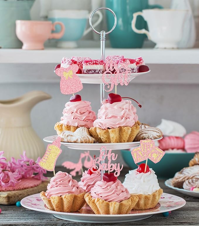 Gyufise 24Pcs Oh Baby Cupcake Toppers Glitter It's a Girl Cupcake Picks Bow Dress Baby Bottle Baby Shower Cake Decorations for Gender Reveal Baby Shower Kids Girls Birthday Party Supplies Pink
