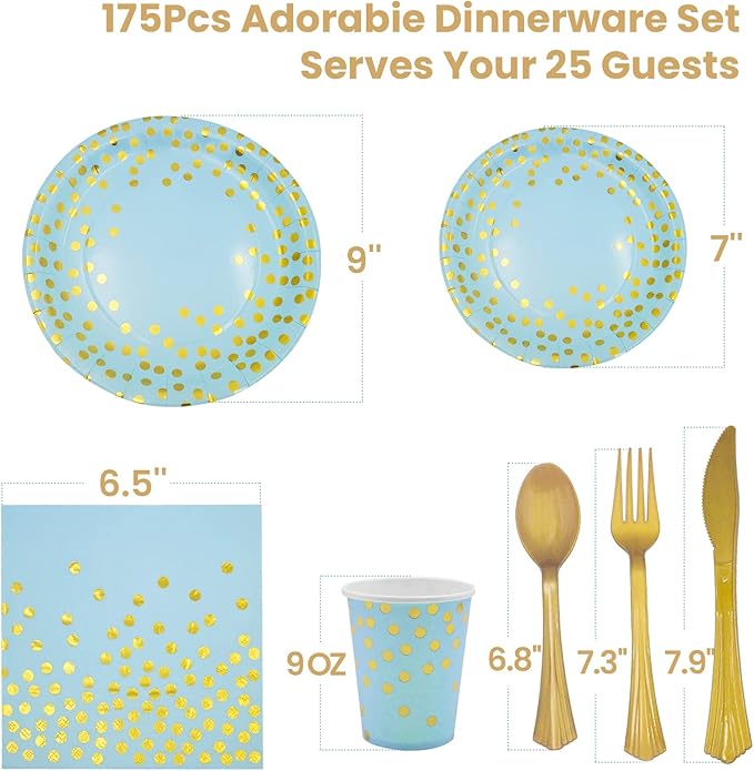 AIRE 175Pcs Blue and Gold Paper Plates Dinnerware Sets for 25 Guests, Party Decorations Paper Plates Party Supplies Gold Plastic Forks Knives Spoons, Golden Dot Napkins Cups For Birthday Baby Shower