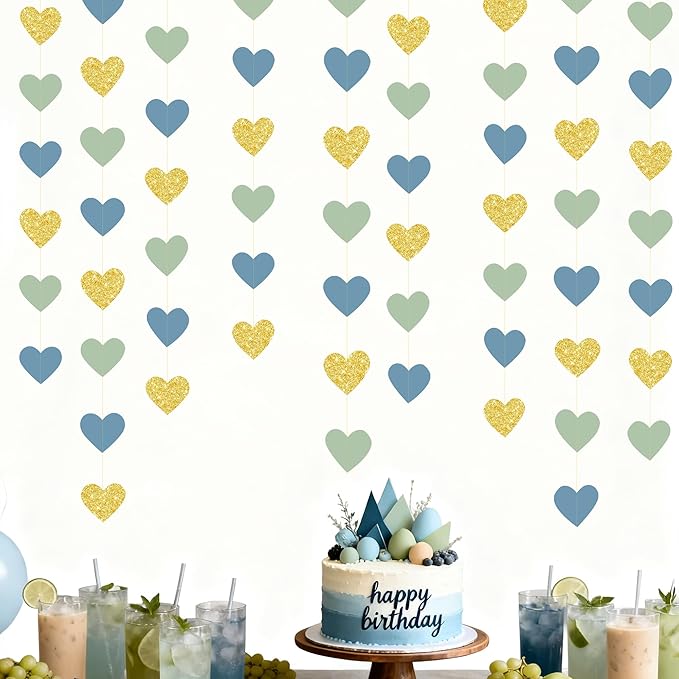 Sage Green Dusty Blue Gold Heart Party Decorations Gold Glitter Paper Dusty Green Blue Love Heart Hanging Garland Streamer Banner for Silly Goose Birthday Baby Shower Valentines Day Anniversary Party