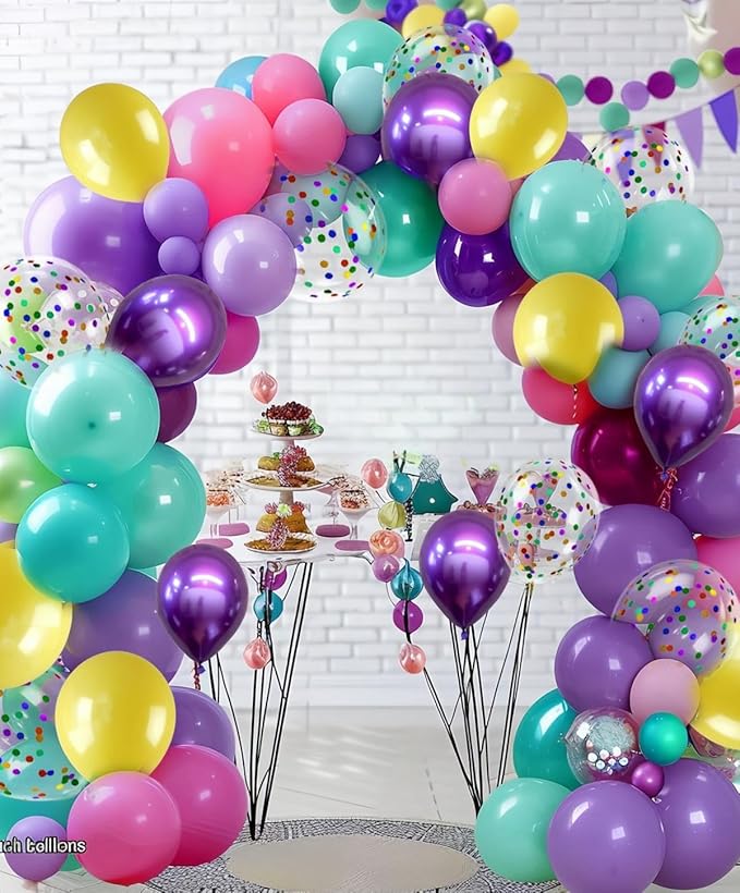 300 Pcs Mermaid Balloons Set, 12 Inches Purple Metallic Purple Teal Hot Pink Yellow Latex Balloons and Confetti Balloons for Birthday Mermaid thematic Party Decoration